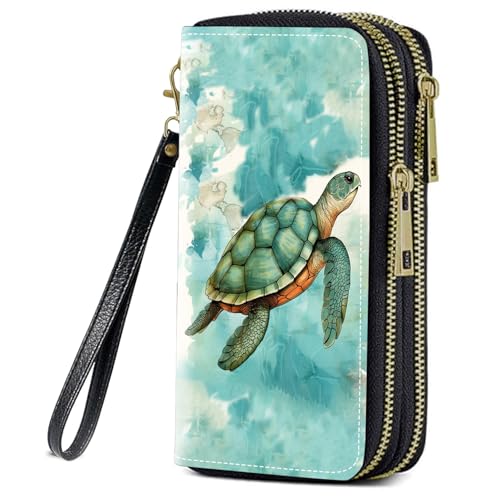 Sea Turtle Print Women Large Capacity Wallet PU Leather Double Zipper Clutch Purse for Smart Phone/Card/Coin/Cash