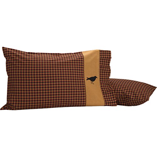 VHC Brands Heritage Farms Crow Nature Print Chambray Cotton Primitive Bedding Appliqued Standard Pillow Case Set of 2 Burgundy Red
