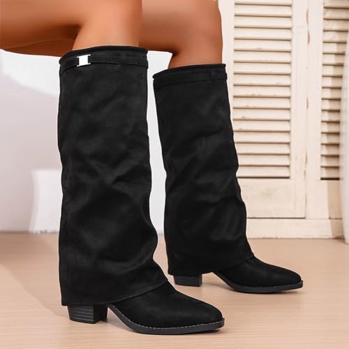 Women's PU Leather Retro Boots, Knee High Western Chunky Heel Cowboy Mid3