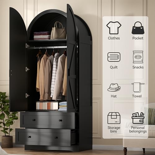 Gyfimoie Black Armoire Wardrobe Closet with 2 Drawers, 74.8\" Wooden Wardrobe with 2 Doors, Freestanding Closet Armoire Cabinet with Hanging Rack, Clothing Storage Cabinet for Bedroom (Black)