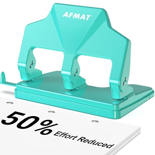 Image of AFMAT 3 Hole Punch Heavy Duty, 40-Sheet Three Hole Punch, 50% Reduced Effort, 3 Hole Puncher for Binder w /Large Chip Tray, 9 /32 inch Holes Diameter, Metal Paper Puncher for Home /Office /School, HP14(Green)