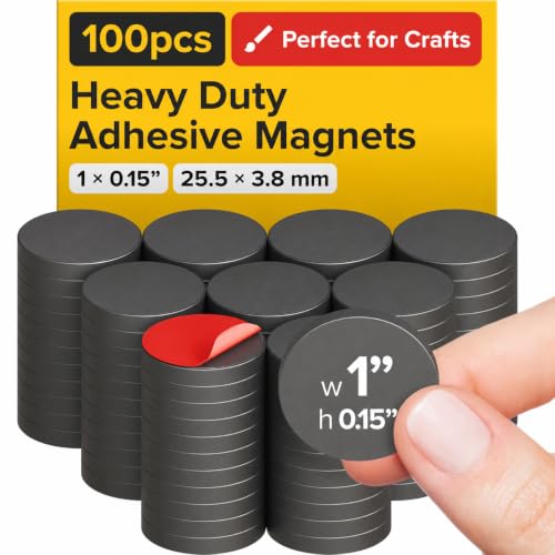 Image of Strong Ceramic Round Magnets With Adhesive Backing (1x0.15 inch /25x4mm, 100 pcs) - Heavy Duty Sticky Magnets, Non-Corrosive, Versatile For Home, Office, Workshop, Whiteboard, Fridge And Hobby Use