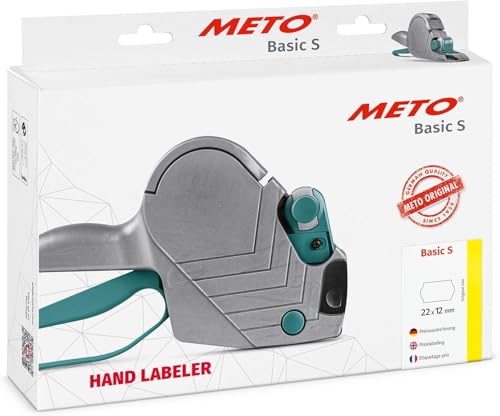 Original Meto Basic S Preisauszeichner Set – Preis, Datum, MHD (1-zeilig, 8-stellig für 22 x 12 mm Etiketten, sofort einsatzbereit), 1x Handauszeichner, silber-teal