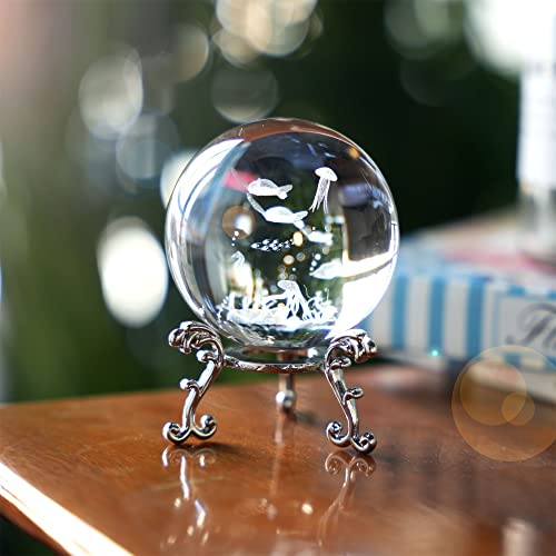 HDCRYSTALGIFTS 3D Laser Engraved Sea Turtle Crystal Ball with Stand 60mm Crystal Ocean Life Decorative Ball Glass Full Sphere Sea Animal Paperweight for Home Decor Gift for Women Ocean Lovers