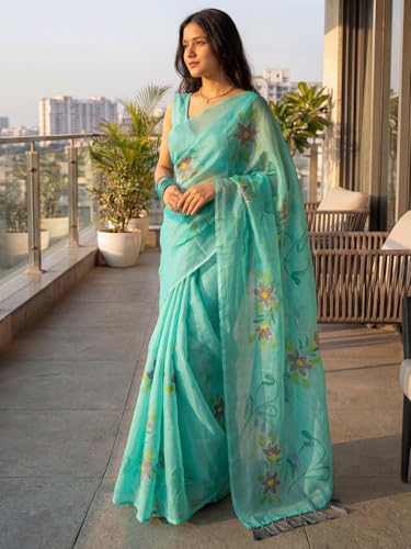 Image of AKHILAM Women's Cotton Saree with White Daisy Floral Prints Tassel Pallu Lightweight Summer Saree