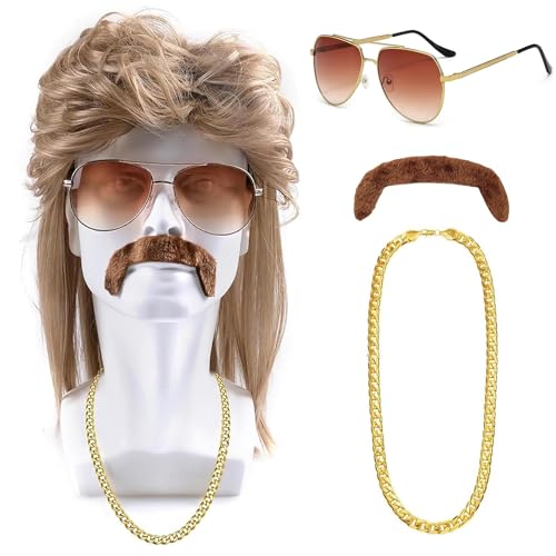 CHRI 80er Jahre Outfit Herren Perücken 5er Set, 70er 80er Jahre Kostüm Accessoires Herren Vokuhila Perücke für Rocker Disco Punk Hippie, Männer Karneval Fasching Perücke (Blond-2)