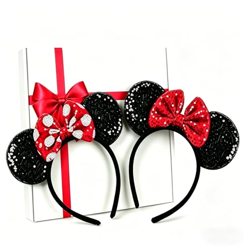 [2er-Pack] Mouse Ears Haarreifen,Stirnbänder Schwarze Mausohren mit Roter Schleife und weißen...