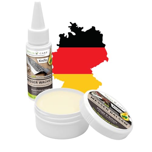 HeliaCARE Messer Pflegeset 2-teilig - BIO Messeröl & Bienenwachs Balsam - Messerpflege Set für Klinge & Griff - Hochwertiges Pflegeöl für Holzgriffe & Lederscheiden - Premium Klingenöl aus Deutschland