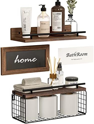 STHCHUN Floating Shelves with Blackboard and Bathroom Wall Decor Sign - Farmhouse Wood Shelf with Metal Guardrail and Toilet Paper Basket for Bedroom, Kitchen(Rustic Brown,Set of 3)