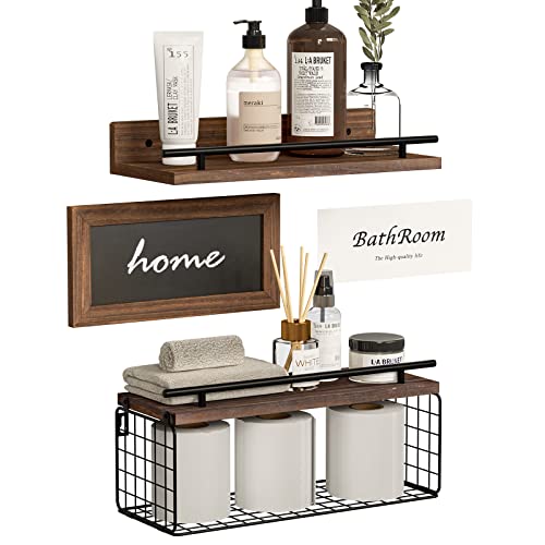 Sthchun Floating Shelves With Blackboard And Bathroom Wall Decor Sign - Farmhouse Wood Shelf With Metal Guardrail And Toilet Paper Basket For Bedroom, Kitchen(Rustic Brown,Set Of 3) #TOP27