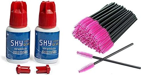 50 Pink Brushes + 2 PACK SKY S+ 5ml Super Strong Eyelash Extension Glue - Professional Adhesive for Long Lasting 1-2s Fast Drying / 6-7 Week Retention
