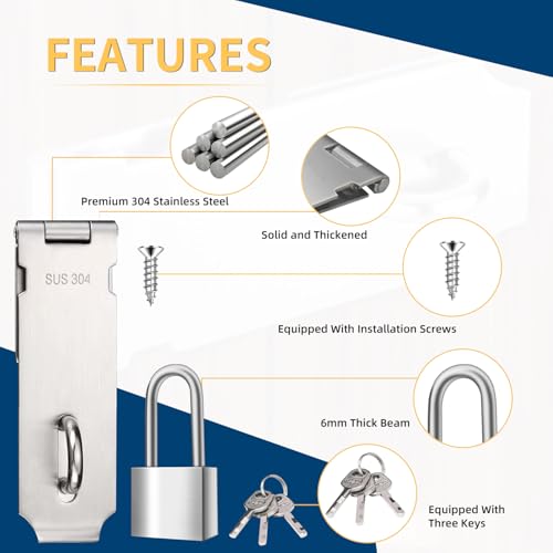 Image of 2 Sets 5 Inch Padlock Hasp Latch Locks, Stainless Steel Padlock with 1.5 inch Long Shackle, Door Lock Latch for Cabinets Closets or Gate (Silver)