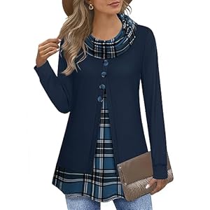 Tunika Damen Langarm Elegant 2 in 1 Pullover Lang Sweatshirt Schalkragen Patchwork Pulli