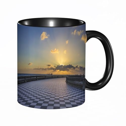 HRRASFAZF Tasse Kaffeetassen,Große 330ml Mit Henkel 100% Handbemalt kaffeebecher porzellan,Italienisches Dekor, Blick auf Livorno, Italien bei Sonnenuntergang, die berühmt,Frauen,Jahrestag,Muttertag