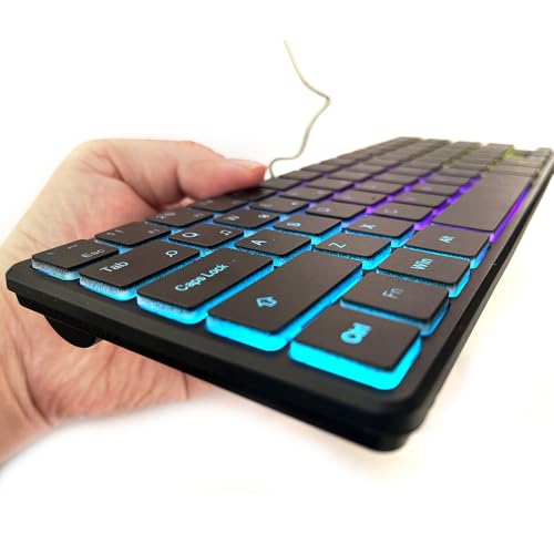 Image of abucow Backlit Mini Keyboard USB Wired Portable Mute Ultra-Compact Small Gaming Keyboard 64 Keys for PC /Mac Gamer Typist Travel Easy to Carry on Business Trip (Style 3)