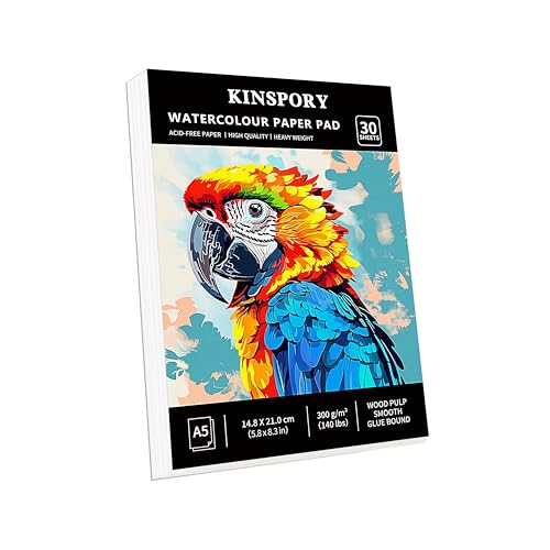 KINSPORY Aquarellpapier A5 mit 30 Blatt - 300gsm Aquarellblock, kaltgepresstes Textur-Aquarellpapier, Skizzenbuch, Wasserfarben Papier für Malerei, Zeichnung, Skizzen und Mischtechnik - 14,8 x 21 cm