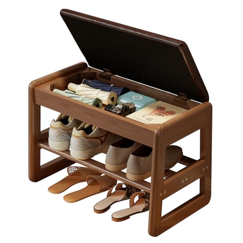 AQIMUELE Shoe Rack Bench,2 Tiers Shoe Bench with Storage with Flip-Top,Wood Shoe Rack for Entryway,Hallway(Dark Walnut Upholstered Seat,11.8" D x 23.62" W x 15.7" H)