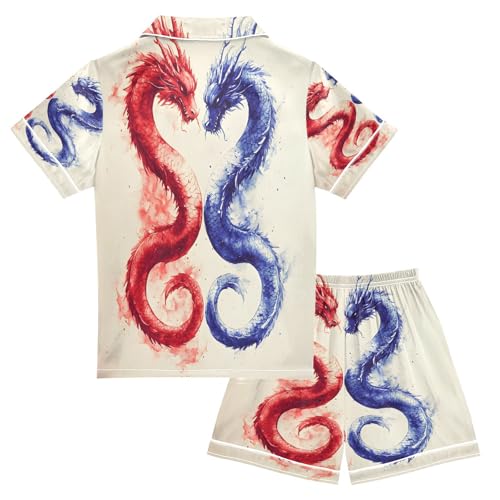 ALAZA Dragon Blue Red Watercolor Satin Pajamas Set Short Sleeve Button Down Sleepwear Summer Pjs 2 Piece2
