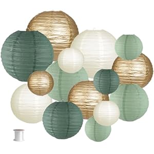Paper Lanterns Decorative, Round Hanging Paper Lanterns Decorations for Rustic Party Bridal Shower Wedding Sage Green Birthday Party Supplies Gold/Ivory/Sage Green 15pcs