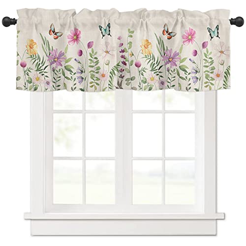 Cycoshower Valance Curtains For Small Kitchen Windows Rod Pocket Window Valances Summer Flower Vintage Butterfly Topper Curtain Valances For Living Room Bedroom 1 Panel 54Wx18L #TOP6