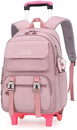 Rolling Backpack for Girls Solid Color Kids Trolley Bookbags with Wheels Elementary School Students Schoolbag