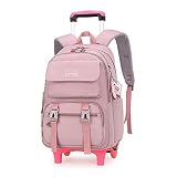 Rolling Backpack for Girls Solid Color Kids Trolley Bookbags with Wheels Elementary School Students