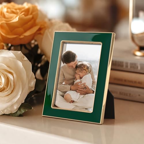 Image of eletecpro 2.5x3.5 Enamel Picture Frame with Real Glass Cover, Small Photo Frame with Gold Metal Edge, Horizontal and Vertical Display Pictures 2.5 by 3.5 for Tabletop and Wall Decor, Green, 1 Pack