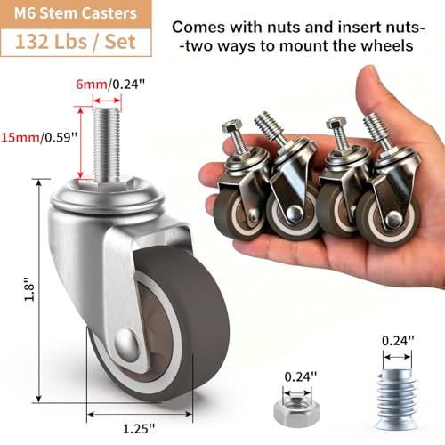 1.25" Small Threaded Stem Casters, M6 Swivel Furniture Wheels, TPR Silent, Mounting for Storage Cart, Shelving Unit, Coffee Table, 4 Pcs
