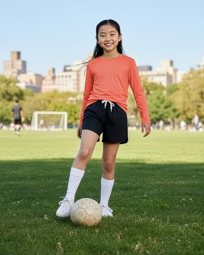 Image of Real Essentials 4 Pack: Girls' Dry-Fit Long Sleeve Crew Neck T-Shirt - Athletic Activewear Soccer Top for Teens Kids Youth