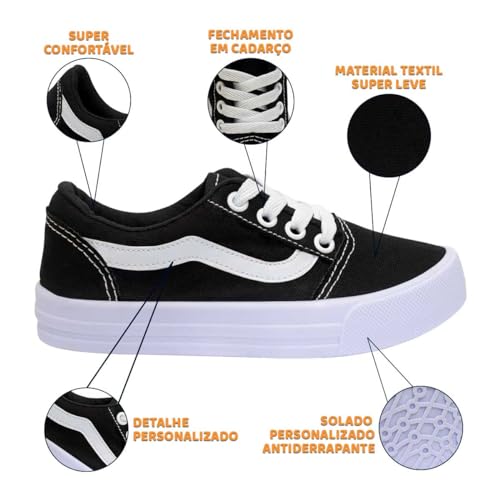 Tênis Infantil Street Nº 28Ao36 Skate Menino Menina 11.111J (Preto, BR, Criança de 9 a 12 anos, Numé