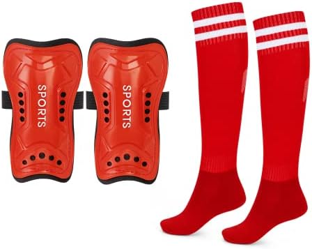 Soccer Shin Guards for Youth Kids with Soccer Socks, 3 Sizes Shin Pads Child Calf Protective Gear Lightweight Adjustable Equipment for 3-15 Years Old Girls Boys Toddler Kids Teenagers (Red, L)