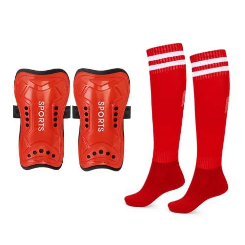 Soccer Shin Guards for Youth Kids with Soccer Socks, 3 Sizes Shin Pads Child Calf Protective Gear Lightweight Adjustable Equipment for 3-15 Years Old Girls Boys Toddler Kids Teenagers (Red, L)
