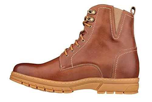 TOTO Men's Invisible Height Increasing Elevator Shoes - Light Brown Premium Leather Lace-up Combat Style High-Top Boots - 2.8 Inches Taller - K16205 - Size 9 D(M) US3