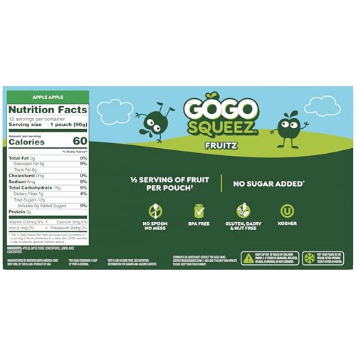 Image of GoGo squeeZ No Sugar Added Applesauce, Apple Apple, 3.2 oz, 12 Count