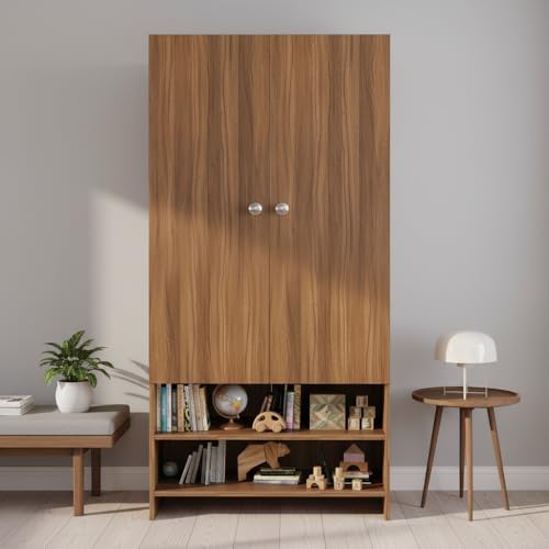 Image of FURNEASER YSH Engineered Wood Wardrobe Almirah for Clothes with 2 Doors & Open Shoe Rack | Wooden Closet Cabinet Organizer for Bedroom Living Room | Storage Cupboard (Exotic Teak)