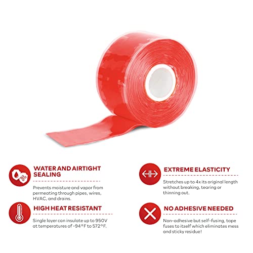 Xfasten Self-Fusing Silicone Tape Pro, Red, 1.5-Inch X 15-Feet, 30Mils Extreme Stretch And Seal Plumbing Tape For Leaky Pipes, Tool Grip, Electrical Tape| Pvc Pipe Leak Repair Tape Non-Reactive #TOP2