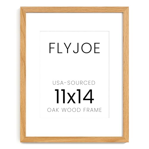 Image of FLYJOE 11x14 Oak Wood Picture Frame with Mat for 8x10, 11 by 14 USA-Sourced Natural Solid Wooden Photo Frame for Wall Display, Shatterproof Plexiglass, Hanging Hardware Included, 1 Pack, Natural