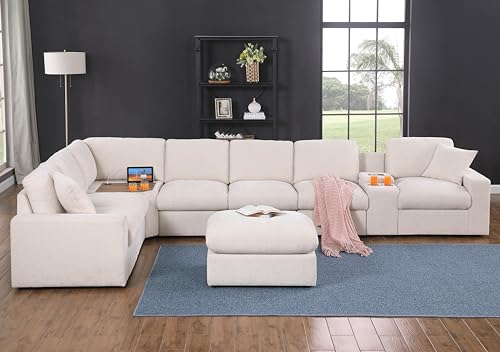 Image of Ball & Cast 157 inch Oversized Modular Sectional Sofa L-Shaped,Large Chenille Upholstered Couch 8 Seat with Ottoman,Cup Holders & USB Ports,Comfty Sectionals W /Pillows & Storage Box,for Living Room,Beige