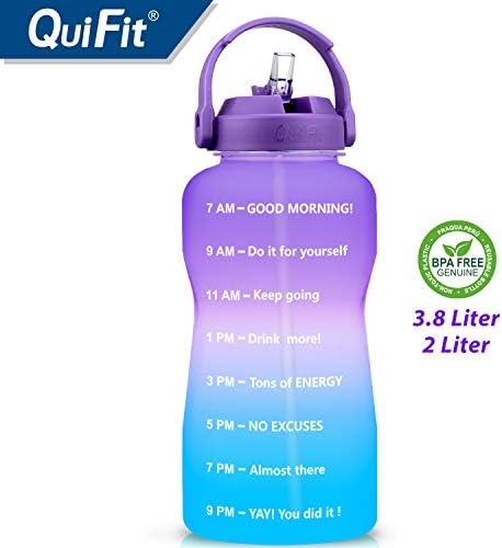 QuiFit 2 Litre Motivational Straw Water Bottle - with Time Marker,Wide Mouth BPA Free,Leak-Proof Durable,for Fitness Sport Outdoor Enthusiasts