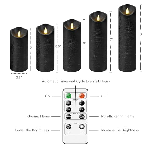 Nimiko Flickering Flameless Candles with Remote Control and Timer Set of 5 Pc Real Wax LED Pillar Candles, Battery Operated Candles(D2.2×H5/5.5"/6"/7"/8") Home Decor Flameless Candles(Black) by Nimiko - Used condition - Image 2