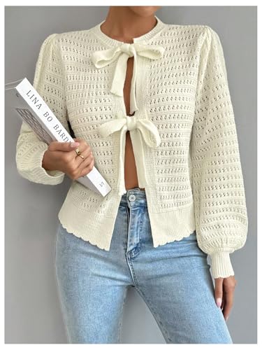 Image of Milumia Women's Tie Up Bishop Long Sleeve Cardigan Hollow Out Knit Sweater Tops Apricot Large