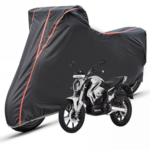 Image of Two Wheelers Bike Body Cover Compatible for Revolt RV400, UV Resistant, Dustproof, Triple Stitched, Elastic Bottom, Red Piping Motorcycle Cover (Black, Pack of 1)