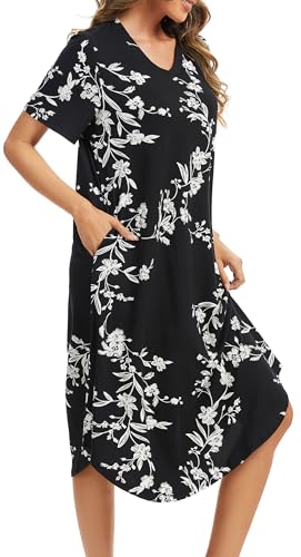 Image of Kabento Nightgowns for Women Cotton Short Sleeve Long Night Gowns with Pockets