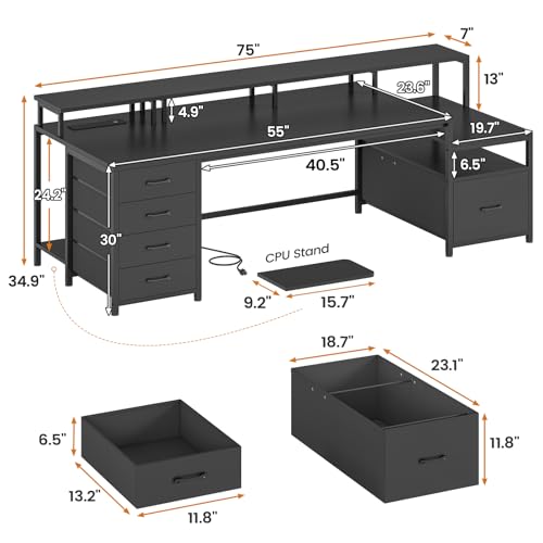 Image of SEDETA 75'' Computer Desk with 5 Drawer, Power Outlet & Led Lights, Home Office Desk with File Drawer, Storage Shelves, Printer Cabinet and Monitor Shelf, 23.6 inch W Large Desktop Gaming Desk, Black