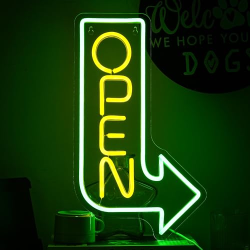 LMSIGNLY Open Neon Sign Arrow Neon Light Yellow Letter LED Neon Light Dimmable Open LED Sign for Business USB Powered Arrow Open Neon Lights for Party Bar Salon Shop