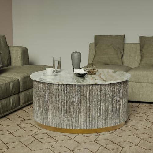 Image of Wooden Coffee Table for Living Room | Modern Round Center Table with Marble Top Fluted Wooden Base and Metal Accent Ring | Premium Marble Top Coffee Table for Home Decor (Grey Texture)