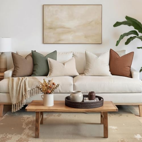 Image of MIULEE Pack of 2 Thick Textured Couch Throw Pillow Covers, Natural Beige Decorative Pillow Covers 16x16, Neutral Linen Cushion Cases for Sofa Bed Living Room Modern Farmhouse Home Decor, No Filling