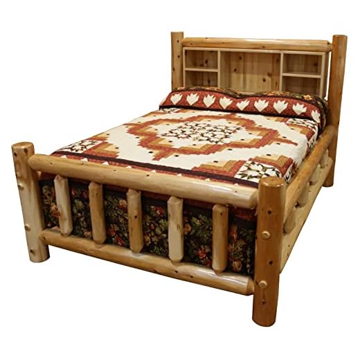 White Cedar Log King Bed with Bookshelf