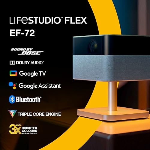 Epson Lifestudio Flex EF-72 Eiche, tragbarer Smart-Projektor, Sound by Bose, Google TV, 4k Pro-UHD, Verstellbarer Stand, Verwendung im Innen- und Au&szlig;enbereich, 5 Jahre Ger&auml;teschutz*