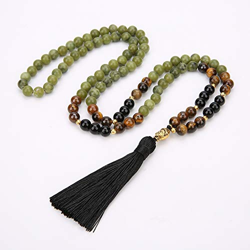 8mm Natural Stone Beads 108 Mala Beaded Necklace Meditation Yoga Prayer Jewelry Tibetan Buddha Head Pendant Tassel Japa Mala Rosary Beads for Men and Women (Southern Jade)2